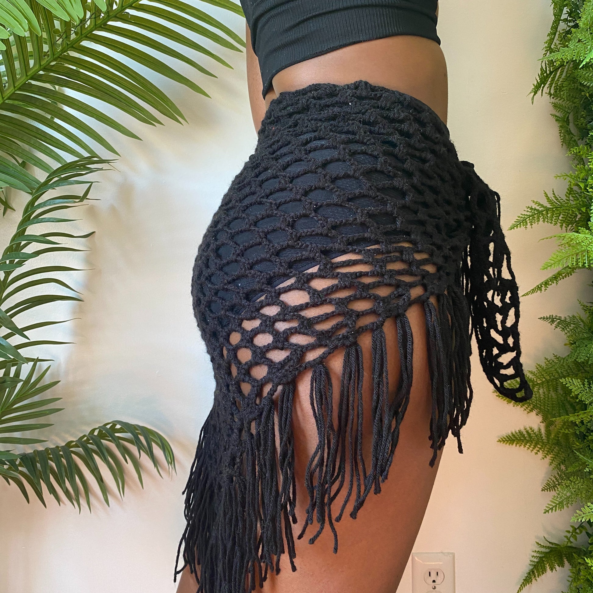 TANIJAY CROCHET Black Crochet Mesh Sarong Skirt