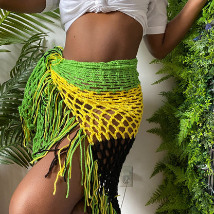 TANIJAY CROCHET Jamaican Print Crochet Mesh Sarong Skirt