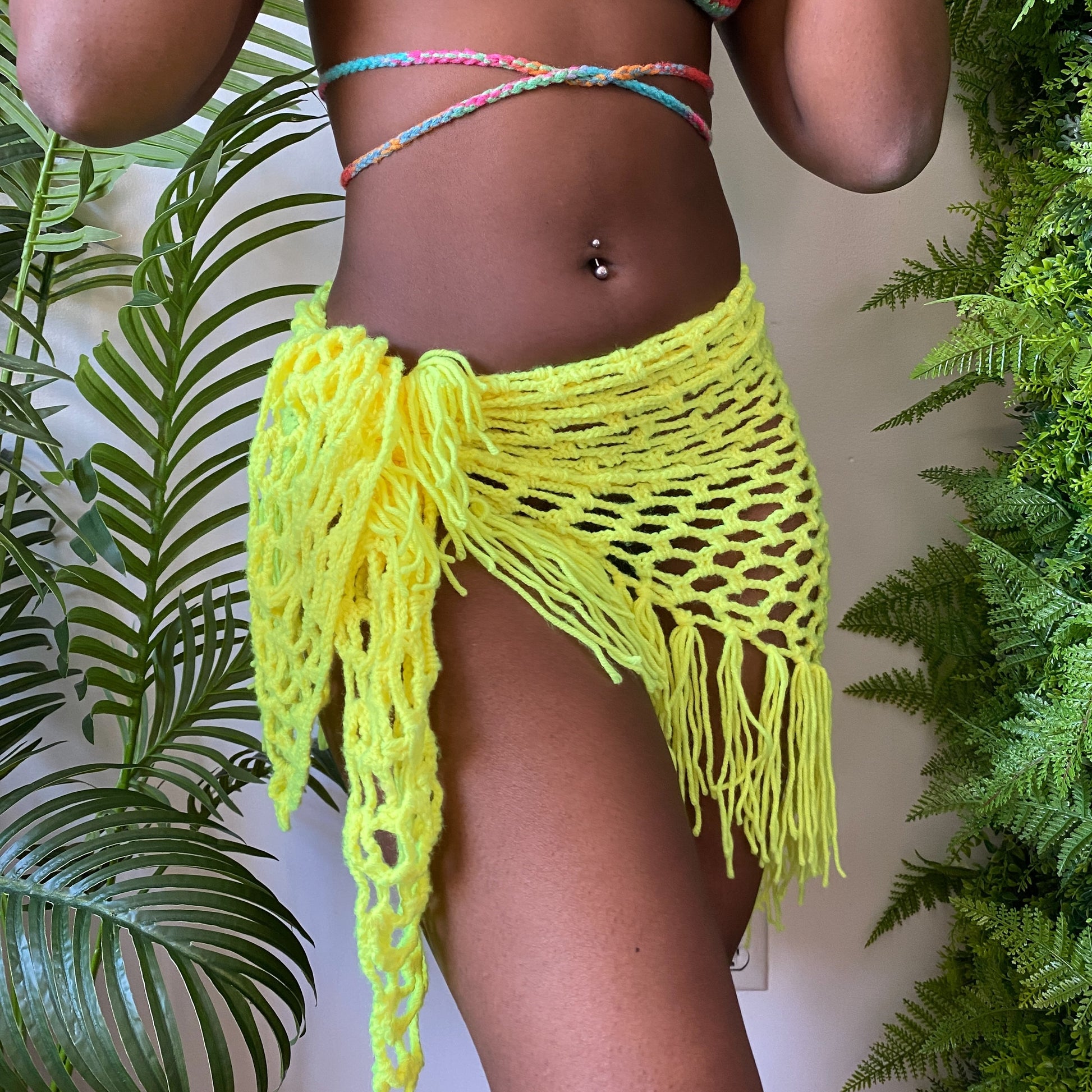 TANIJAY CROCHET Neon Yellow Crochet Mesh Sarong Skirt