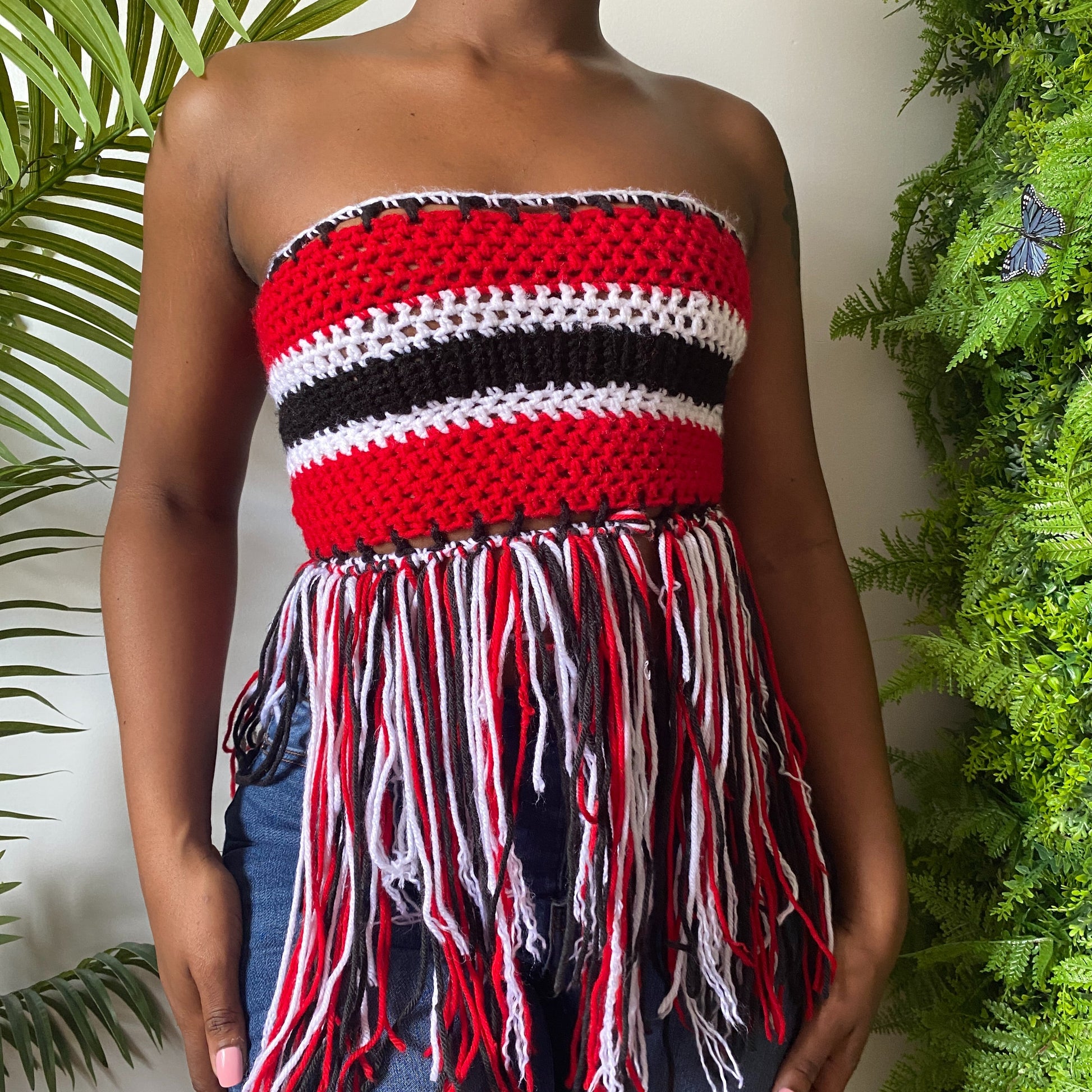 TANIJAY CROCHET Trinidad Print Crochet Fringe Tube Top