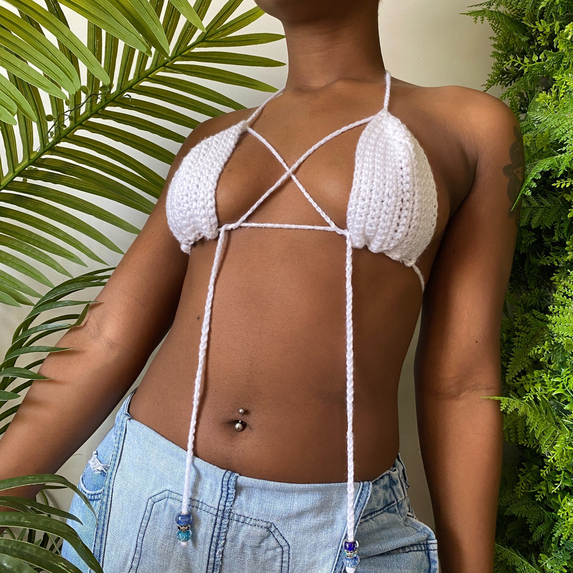 TANIJAY CROCHET White Crochet Bikini Top w. Assorted Beads